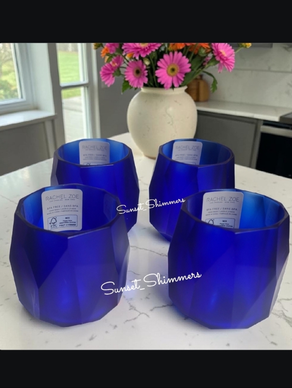 RACHEL ZOE 4pc set Frosted Cobalt Blue Acrylic Crystal Tumbler Cup Drink Glasses